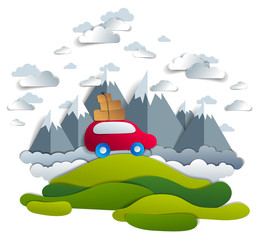 Car travel and tourism, red minivan with luggage riding off road with mountain peaks in background, clouds in the sky, paper cut vector illustration of auto in scenic nature landscape.