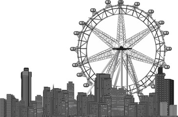 large ferris wheel in grey city on white