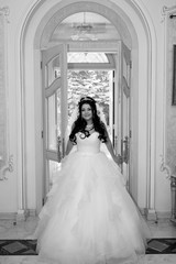 happy bride enters the door