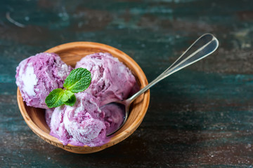 Homemade ice cream blueberries and mint.