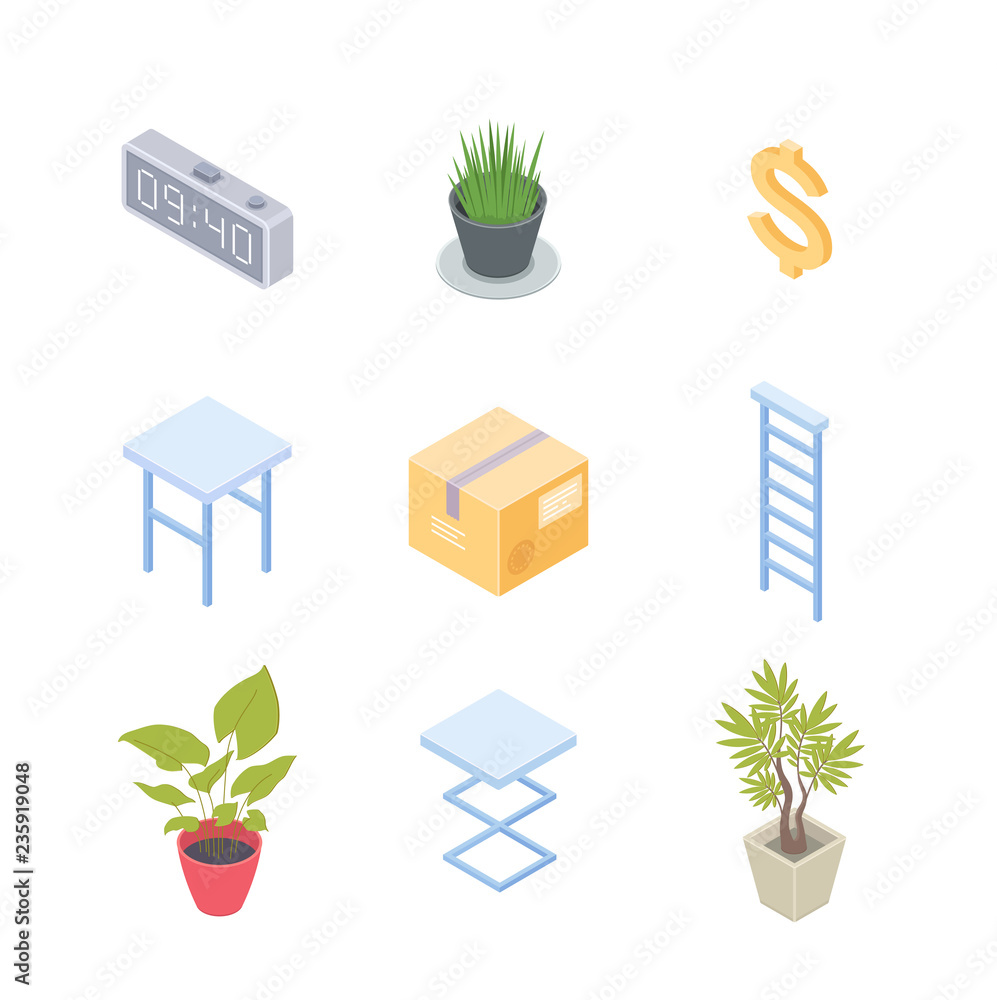 Poster workplace elements - modern vector colorful isometric objects