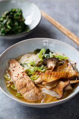 Miso ramen with king oyster mushrooms, salmon and rice noodles