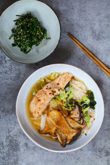 Miso ramen with king oyster mushrooms, salmon and rice noodles