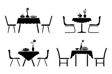 Kitchen interior black and white icon set. Table and chair cafe design pictogram