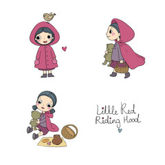 Little Red Riding Hood fairy tale. Little cute cartoon girl . Hand drawing isolated objects on white background.
