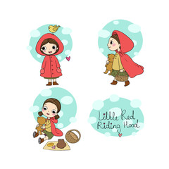 Little Red Riding Hood fairy tale. Little cute cartoon girl . Hand drawing isolated objects on white background.