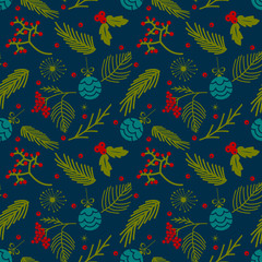 Fototapeta premium Seamless winter Christmas pattern with branches, berries and mistletoe ornament motif background.