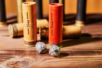 Zelfklevend Fotobehang Hunting shells and 12 gauge cartridges on wooden background © Vitalii Makarov
