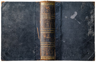 Old open book cover with worn textured grungy paper boards and wax drips, cracked embossed brown...