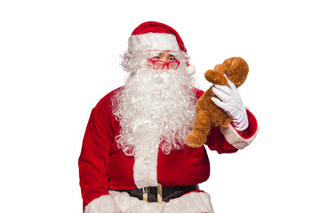 Portrait of santa claus with teddy bear doll on white background,Thailand people wear santa claus dress,Sent happiness for children,Merry christmas,Welcome to winter