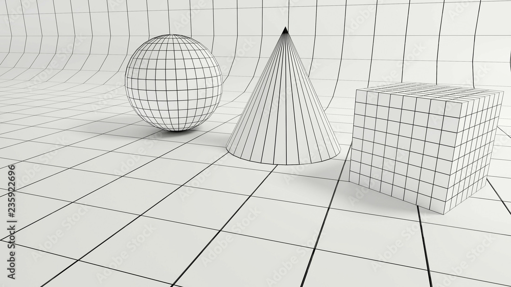 Poster 3d render - low polygonal geometric forms on quadratic backdrop