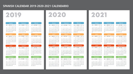 Spanish calendar 2019-2020-2021 vector template