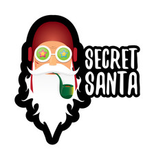 vector secret santa claus with sunglasses label or sticker isolated on white background. Secret santa gift ideas concept illustration
