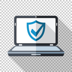 Laptop icon in flat style with security shield on the screen and long shadow on transparent background