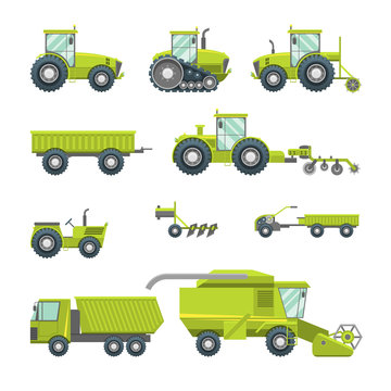Cartoon Agricultural Vehicles Icon Set Different Type. Vector