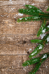 Christmas Holiday Theme Background with space for text on Wooden Background. Selective focus.