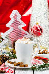 Obraz na płótnie Canvas Christmas and New Year Card Background with Hot Cocoa with Marshmallows. Selective focus.
