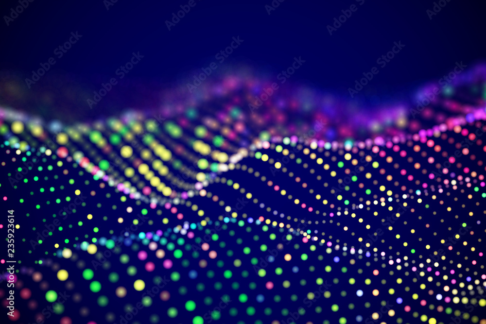 Poster abstract digital landscape or soundwaves with flowing particles. big data technology background. vis
