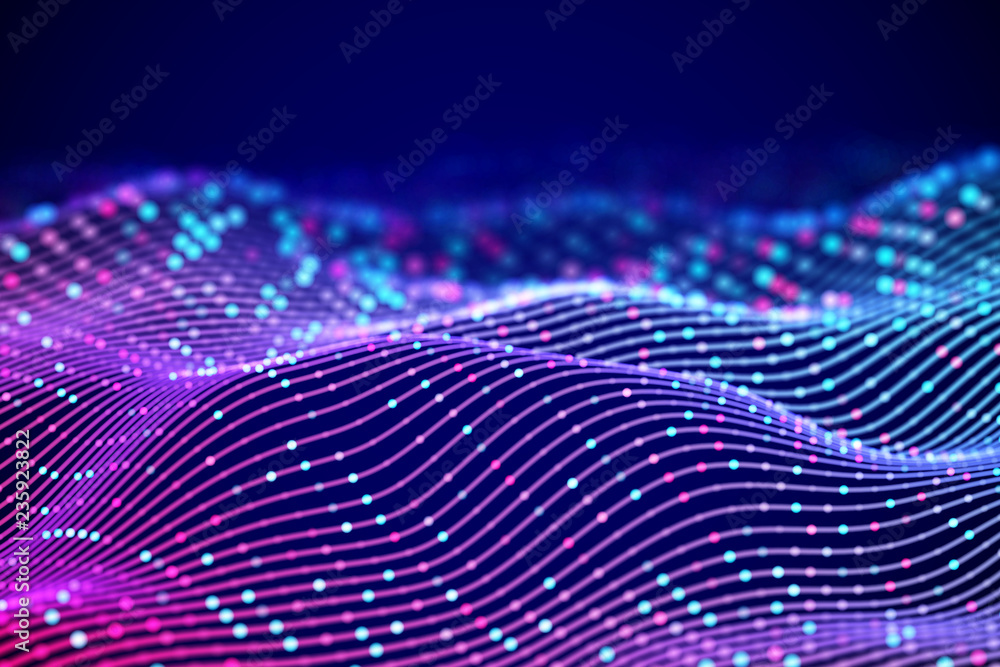 Poster 3d sound waves with colored dots. big data abstract visualization. digital concept: virtual landscap