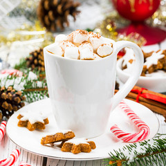 Christmas and New Year Card Background with Hot Cocoa with Marshmallows. Selective focus.