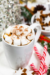 Christmas and New Year Card Background with Hot Cocoa with Marshmallows. Selective focus.