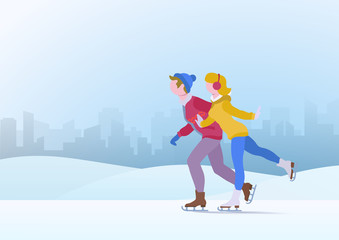 Couple teens Boy and Girl Skating Ice Snowdrifts Winter Vector