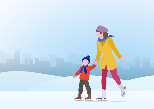 Mother Son Skating on Ice Snowdrifts Cityscape Winter Background