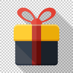 Gift box icon in flat style with red ribbon and long shadow on transparent background