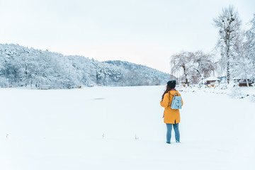 woman standing at frozen lake with beautiful landscape view copy space
