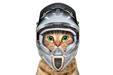 Portrait of a cat in a bicycle helmet isolated on white background