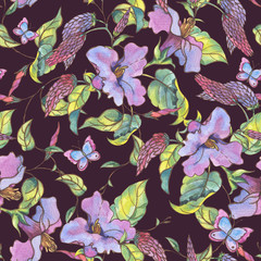 Watercolor seamless pattern with purple wildflowers, curls and butterflies