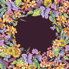 Watercolor floral spring frame, vintage natural decoration with blooming branches of cherry