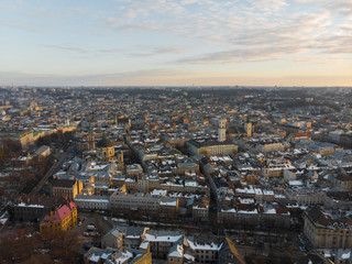 beauty sunset over old european city. birds eye view