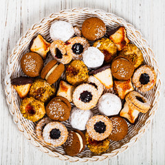 Homemade European Bakery Style Assorted Mixed Cookies Background Dessert. Selective focus.