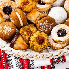Homemade European Bakery Style Assorted Mixed Cookies Background Dessert. Selective focus.