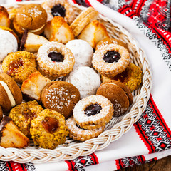 Homemade European Bakery Style Assorted Mixed Cookies Background Dessert. Selective focus.