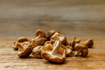Fresh shiitake mushroom on wooden table, close-up photo in rustic ambient with low light