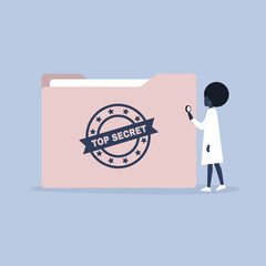 Confidential information. Classified files. Cyber security. Paper folder with a Top secret stamp. Young black female character holding a magnifying glass. Flat editable vector illustration, clip art