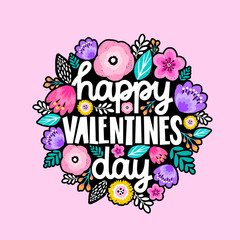 Naklejka premium Happy Valentines Day typography poster with handwritten calligraphy text, floral ornament. Hand drawn flower decoration. bright colored poster.