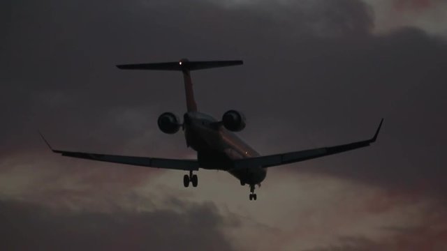 Landing Airplane in Los Angeles at sunrise