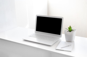 completely white modern workspace with laptop, notepad, plant and pen