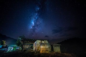 Chiang Dao, Thailand, we can see the Milky Way galaxy and stars in the evening sky. The place is...