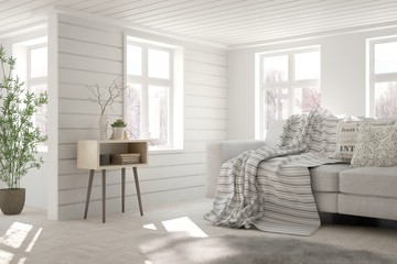 White room with sofa and winter landscape in window. Scandinavian interior design. 3D illustration