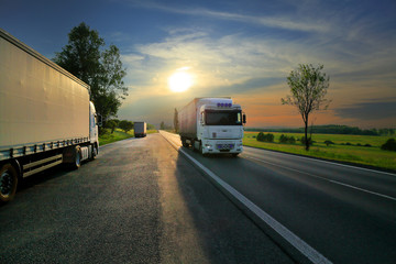 Fototapeta na wymiar Truck transport on the road at sunset