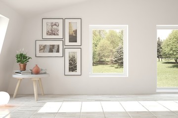 White empty room with summer landscape in window. Scandinavian interior design. 3D illustration