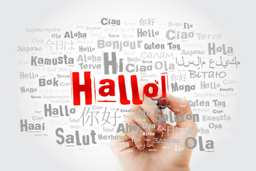 Hallo (Hello Greeting in German) word cloud in different languages of the world, background concept