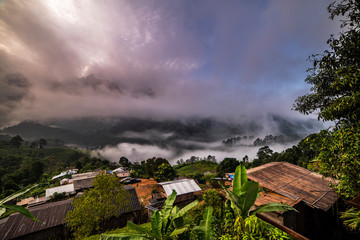 Fototapeta na wymiar Beautiful morning panorama of forest covered by low clouds. Colored sunrise in forested mountain slope.