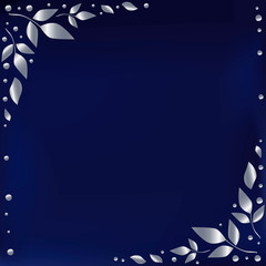 Fototapeta na wymiar Blue background stylized as blue velvet with decorative edges with silver leaves and dots for decoration, scrapbooking paper, sheet of book or notebook, wedding, invitation, greeting card, text