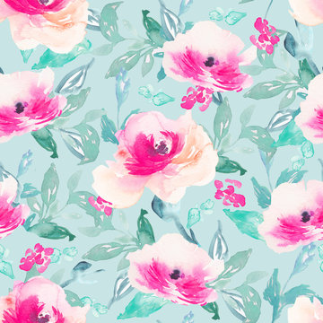 Pink Watercolor Floral Pattern. Shabby Chic Painted Seamless Pattern with Flowers