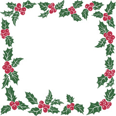 Square frame of Christmas holly leaves.Seamless pattern of green leaves and red berries.